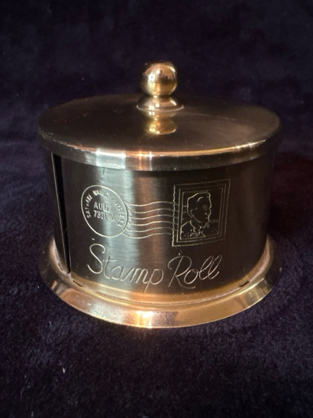Vintage Solid Brass Stamp Roll Dispenser Holder OS Brass Postmark Detail EUC